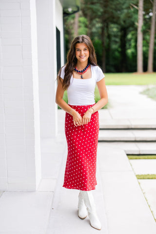 Red Velvet Dot Satin Maxi Skirt - Instyle Boutique