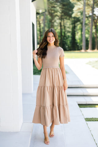 Tawny Taupe Mixed Media Dress - Instyle Boutique