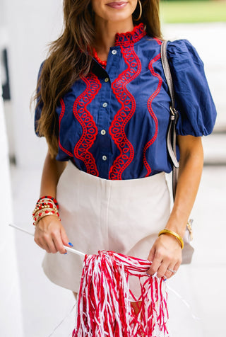 Navy Scallop Eyelet Blouse - Instyle Boutique