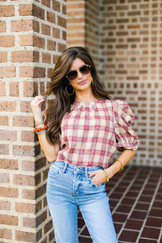 Berry Ruched Sleeve Plaid Top - Instyle Boutique