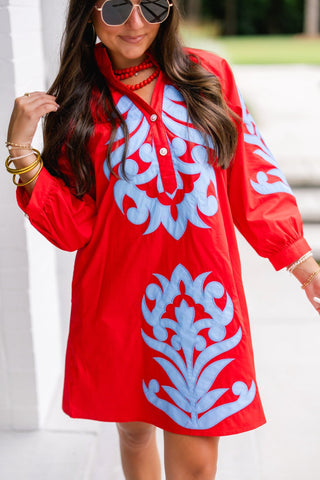 Red Embroidered Ruffle Neck Mini Dress - Instyle Boutique