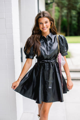 Black Faux Leather Floral Lace Sleeve Mini Dress - Instyle Boutique