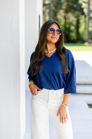 Happy Hour V-Neck Dolman Top-Navy - Instyle Boutique