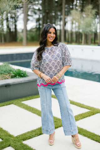 Damask Scallop Hem Blouse - Instyle Boutique
