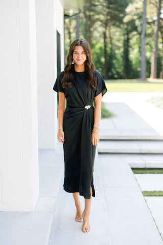 Black Satin Ruched Midi Dress - Instyle Boutique