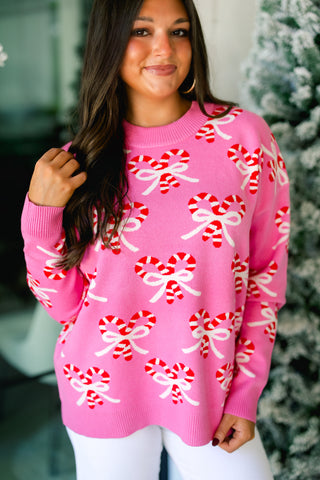 Candy Cane Pink Bow Sweater