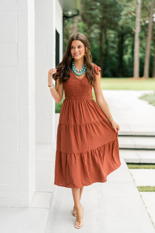 Rylee Ruffled Sleeve Dress-Rust
