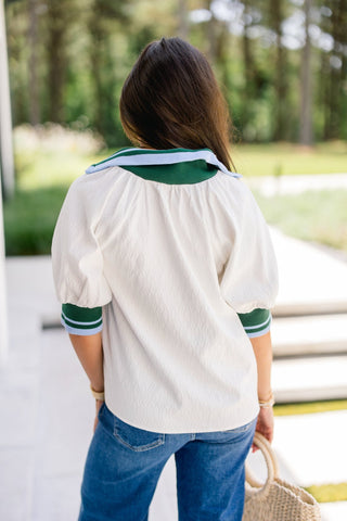 White Varsity Stripe Half - Zip Woven Top - Instyle Boutique