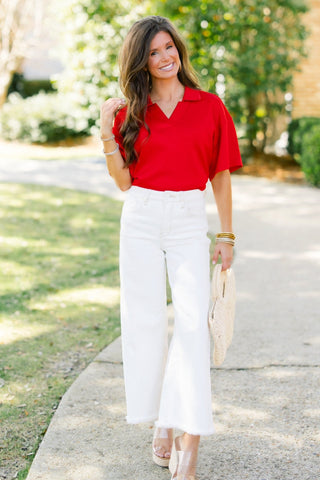 Scarlet V - Neck Relaxed Knit Polo Top - Instyle Boutique