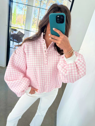Pink Gingham Snap - Button Pullover - Instyle Boutique