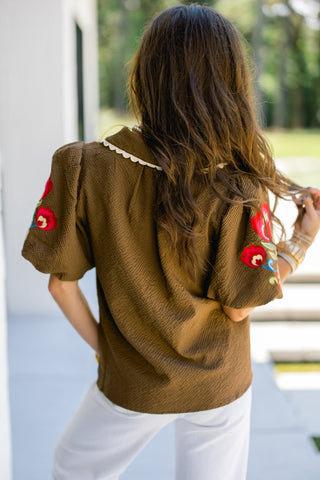 Cocoa Garden Embroidered Puff Sleeve Top - Instyle Boutique