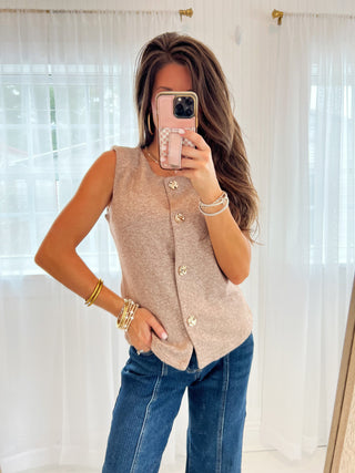 Coffee Date Button Front Vest - Mocha