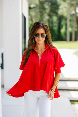 Zip It Up Satin Puff Sleeve Top-Red