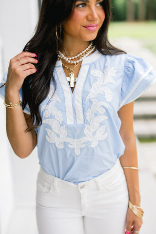Sky Blue Floral Applique Flutter Sleeve Top - Instyle Boutique