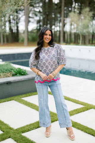 Damask Scallop Hem Blouse - Instyle Boutique
