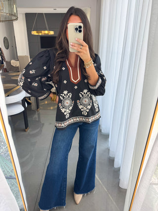 Elegant Embroidery Black Floral Top