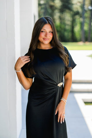 Black Satin Ruched Midi Dress - Instyle Boutique