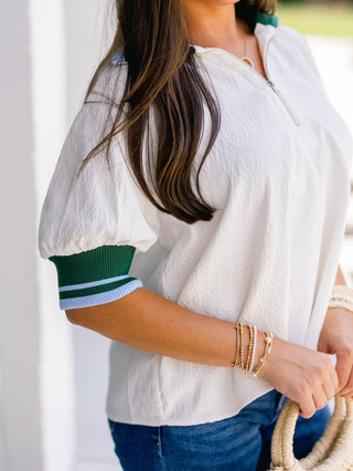 White Varsity Stripe Half - Zip Woven Top - Instyle Boutique