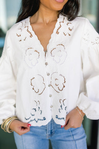 Stay Chic Denim Embroidered Top - White - Instyle Boutique