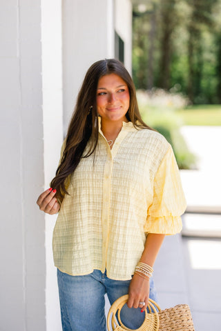 Butter Yellow Textured Puff Sleeve Button - Down Top - Instyle Boutique