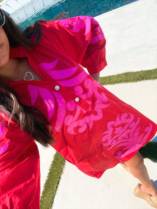 Red Damask Embroidered Ruffle Neck Mini Dress - Instyle Boutique