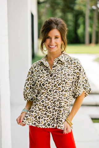 Leopard Print Peplum Button-Down Blouse - Instyle Boutique