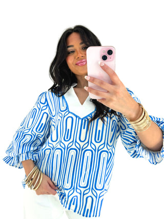 Celeste Geo Print Scallop Neck Puff Sleeve Top - Instyle Boutique