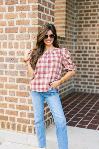 Berry Ruched Sleeve Plaid Top - Instyle Boutique