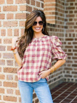 Berry Ruched Sleeve Plaid Top - Instyle Boutique