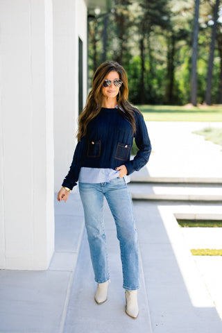Navy Denim Patch Pocket Layered Sweater - Instyle Boutique