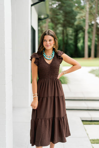 Rylee Ruffled Sleeve Dress-Chocolate