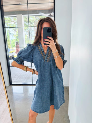 Emmy Embroidered Neckline Denim Dress - Instyle Boutique