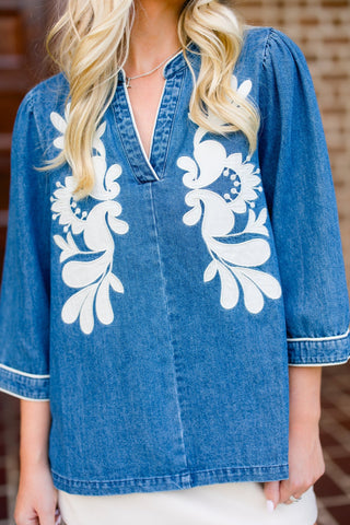 Denim Daydream Embroidered Top - Instyle Boutique
