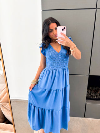 Rylee Ruffled Sleeve Dress - Blue - Instyle Boutique