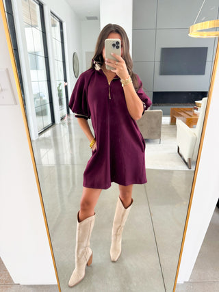 Burgundy Polo Collar Puff Sleeve Mini Dress