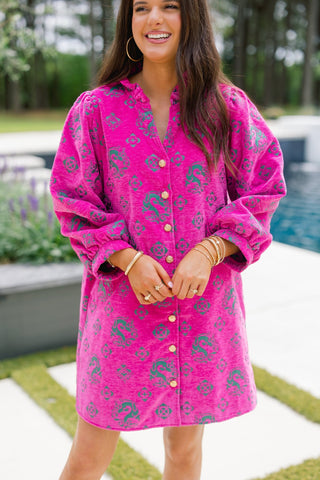 Vibrant Hot Pink Jacquard Ruffled Button - Down Mini Dress - Instyle Boutique