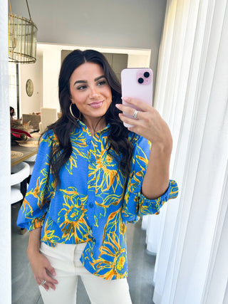 Blue and Bold Sunflower Top