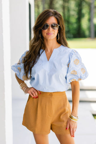 Sky Blue Floral Embroidered Puff Sleeve Top - Instyle Boutique