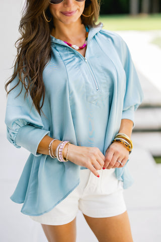 Zip It Up Satin Puff Sleeve Top-Blue