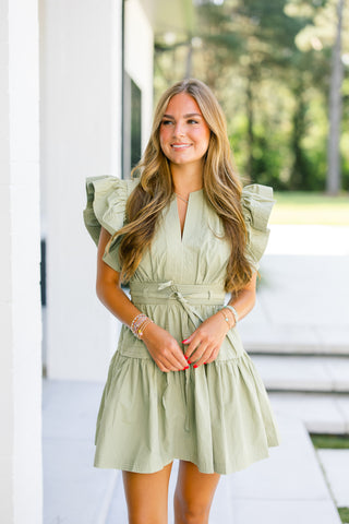 Flirty Flutter Sleeve Olive Dress