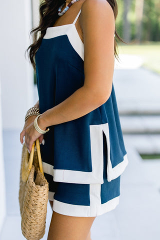 Navy & White Contrast Short Set