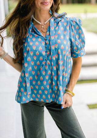 Slate Blue Floral Top - Instyle Boutique