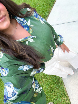 Forest Garden Floral Balloon Sleeve Button Down Top