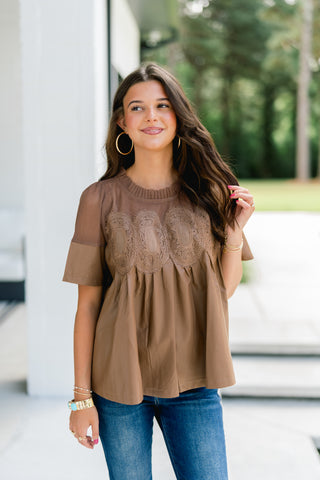 Mocha Lace Faux Leather Babydoll Top