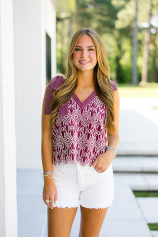 Embroidered Burgundy Bow Tie Tank