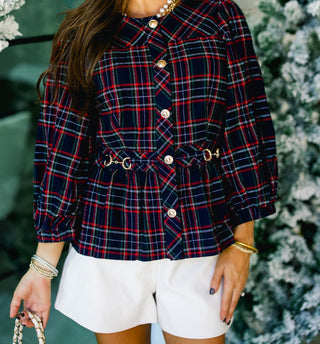 The Blair Navy Plaid Peplum Top - Instyle Boutique