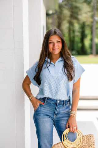 Sky Blue Knit Half - Zip Top - Instyle Boutique