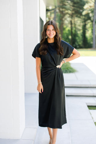 Black Satin Ruched Midi Dress - Instyle Boutique