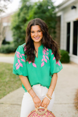 Emerald & Pink Bubble Sleeve Embroidered Blouse - Instyle Boutique