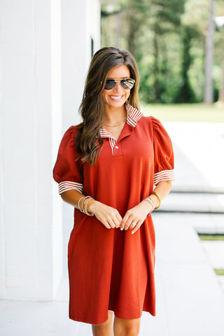 Saylor Striped Collar Dress- Rust